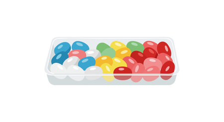 This vector illustration shows colorful jelly beans in a clear plastic container with vibrant colors and soft lighting, creating a cheerful mood.のイラスト素材