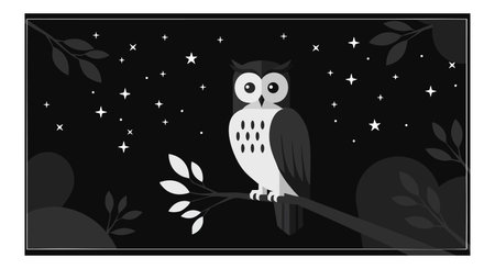 Illustration shows an owl sitting on a branch under a starry night sky with leaves around, creating a calm and serene atmosphere.のイラスト素材