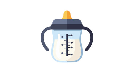 Vector illustration of a baby bottle with handles and measurement marks, designed for infant feeding, showing simplicity and care. Cheerful mood.のイラスト素材