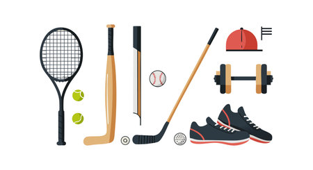 Vector illustration showing various sports equipment including tennis racket, baseball bat, hockey stick, shoes, and dumbbell in flat style. Energetic mood.のイラスト素材