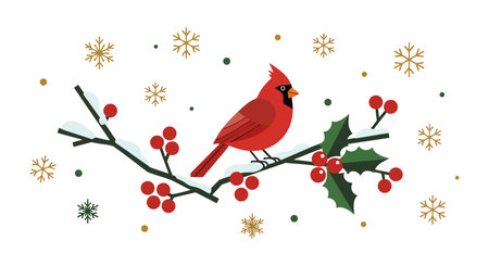 Vector illustration shows a red cardinal perched on a holly branch with red berries and gold snowflakes, creating a festive winter scene mood.のイラスト素材