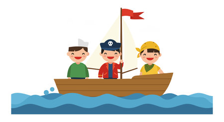 Three children sail a small wooden boat on blue waves with a red flag, enjoying a playful and adventurous moment. Cheerful scene.のイラスト素材