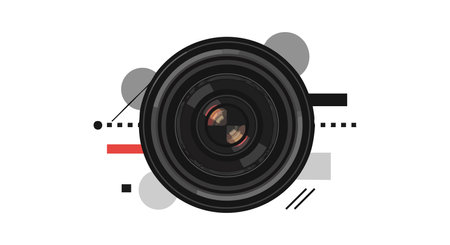 Vector illustration of a camera lens with abstract geometric shapes and red accents in a modern...