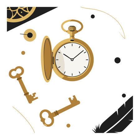 Illustration shows a vintage golden pocket watch with an open cover and two old keys on a white background, featuring elegant black and gold details. Calm.のイラスト素材