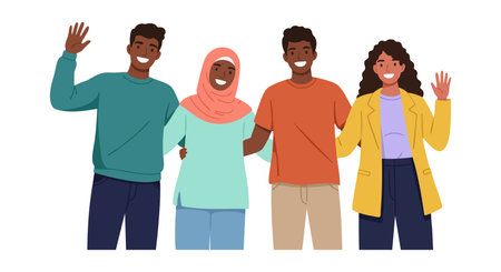 Illustration shows four diverse friends standing close, smiling and waving hands in casual clothing,...