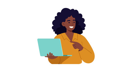 Woman with curly hair holds a laptop while smiling, representing technology use and work in a positive mood.のイラスト素材