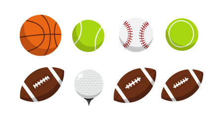 This vector illustration shows a collection of various sports balls including basketball, tennis, baseball, football, and golf in a colorful arrangement. Energetic.のイラスト素材