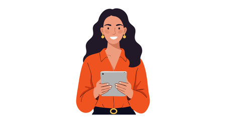 Illustration of a smiling woman with black hair holding a tablet, wearing an orange shirt and black pants, looking engaged and confident. Cheerful.のイラスト素材
