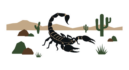 Illustration shows a black scorpion in a desert landscape with cacti, rocks, and hills, creating a natural and wild atmosphere. Calm mood.のイラスト素材