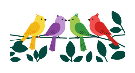 Four colorful birds perch on a leafy branch in a simple flat style vector illustration, portraying vibrant nature and wildlife calmness.のイラスト素材