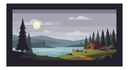 Illustration shows a wooden cabin near a lake surrounded by pine trees under a full moon with calm water and hills, creating a peaceful atmosphere.のイラスト素材