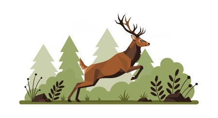 Illustration shows a deer leaping through a forest environment with pine trees and bushes, conveying a lively and peaceful mood.のイラスト素材
