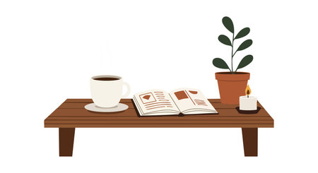 Illustration shows a coffee cup, open book, plant pot, and lit candle on a wooden table creating a cozy and calm atmosphere.のイラスト素材