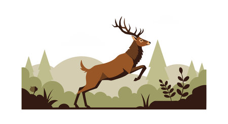 Illustration shows a brown deer leaping in a forest with pine trees and bushes under soft light creating a peaceful natural mood.のイラスト素材