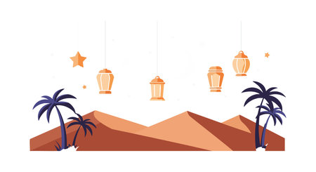 Illustration depicts a desert scene with palm trees and hanging lanterns in warm orange hues, creating a tranquil and inviting atmosphere.のイラスト素材