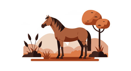 Illustration shows a brown horse standing by orange autumn trees and grass with hills in the background in warm lighting. Calm mood.のイラスト素材