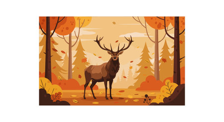 Illustration shows a deer in an autumn forest with orange and brown leaves falling gently creating a calm and peaceful mood.のイラスト素材
