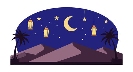Vector illustration shows a desert landscape with mountains palm trees crescent moon stars and glowing lanterns in a serene night setting. Calm mood.のイラスト素材