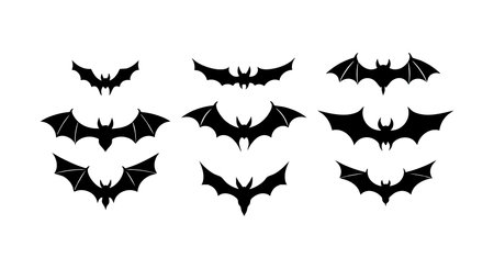 This image shows various black bat silhouettes flying in different poses, suitable for Halloween or...