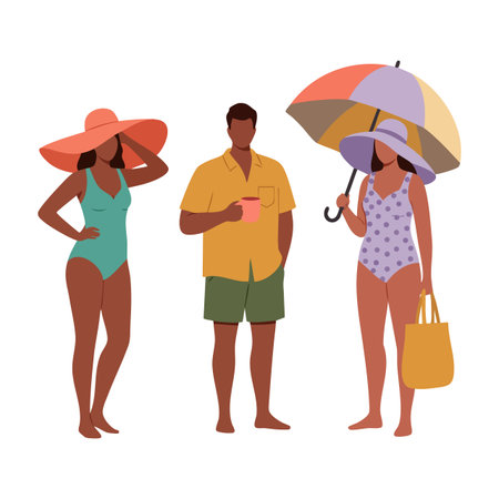 Three people stand wearing summer swimwear, one holding an umbrella and another holding a coffee cup, depicting a relaxed summer scene. Calm mood.のイラスト素材