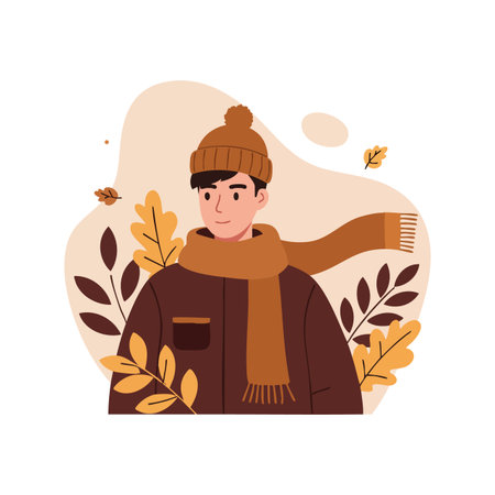 Illustration shows a young man dressed in brown winter clothes with a scarf and hat surrounded by autumn leaves in warm tones calm mood.のイラスト素材