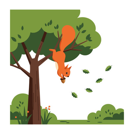 Illustration shows a red squirrel descending a tree holding an acorn with green leaves falling around in a calm forest setting. Cheerful mood.のイラスト素材