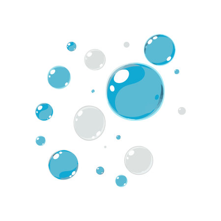 Vector illustration shows blue and white bubbles floating on a white background in a clear and...