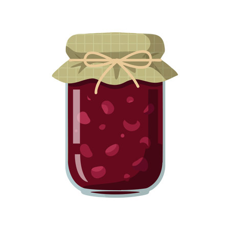 Illustration shows a jar filled with red fruit jam, topped with beige cloth lid tied with a bow. The...