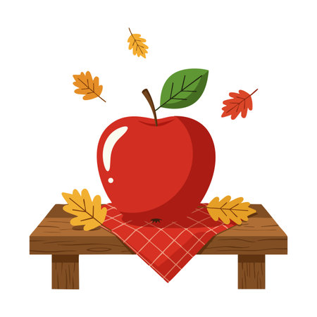 Illustration shows a red apple with a green leaf on a wooden table with autumn leaves falling around in a cozy mood.のイラスト素材