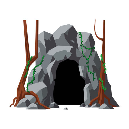 Vector illustration shows a rocky cave entrance surrounded by tree roots and green vines, depicting a natural forest environment in daylight mood.のイラスト素材