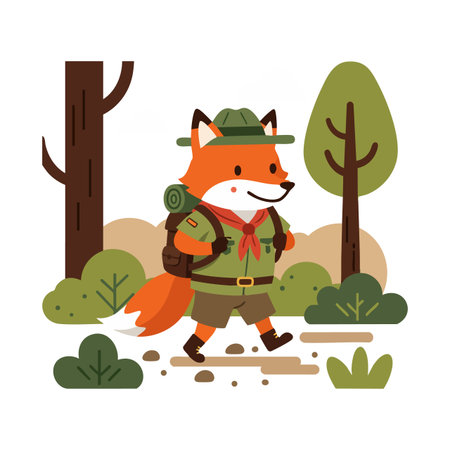 Fox scout walks confidently through a forest trail wearing a green uniform and hat, carrying a backpack, surrounded by trees and bushes. Cheerful mood.のイラスト素材