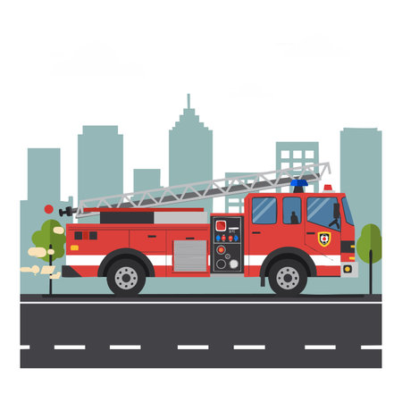 Illustration shows a red fire truck with a ladder on a city street with buildings and trees in the...
