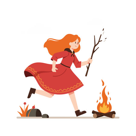 Illustration shows a girl in a red dress running with a stick towards a campfire outdoors during autumn, creating a lively and warm mood.のイラスト素材