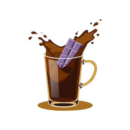 Illustration shows a glass cup with hot chocolate and a chocolate bar splashing into the drink in a warm, inviting style. Calm.のイラスト素材