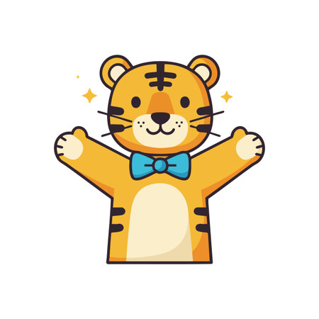 This vector illustration shows a cute cartoon tiger with a blue bow tie raising its arms happily, creating a joyful and friendly mood.のイラスト素材