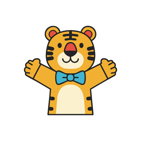 Cheerful tiger cartoon character with open arms and blue bow tie in vector style, suitable for kids and wildlife designs, joyful mood.のイラスト素材