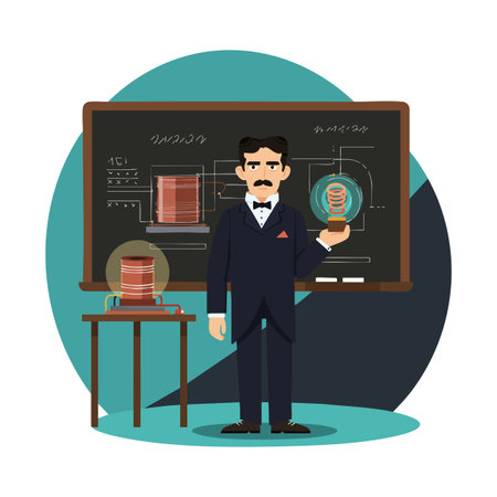 Nikola Tesla presents his coil invention in front of a chalkboard with technical drawings, highlighting innovation and invention mood.のイラスト素材