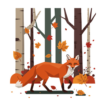 Illustration shows a red fox walking in an autumn forest with falling orange and red leaves among birch trees, creating a calm seasonal mood.のイラスト素材