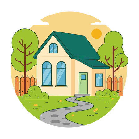 Illustration shows a house with green roof, trees, bushes, and a winding stone path under a yellow sun. Calm and peaceful mood.のイラスト素材
