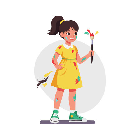 A cheerful girl stands confidently with a paintbrush covered in bright paint, showing creativity and fun in an artistic mood.のイラスト素材