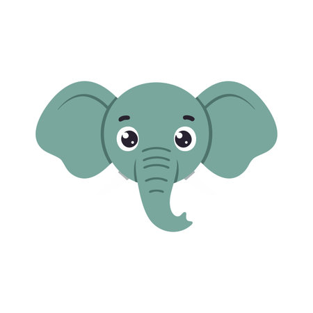 This vector illustration shows a cute elephant head with large ears and expressive eyes in green color, creating a playful and friendly mood.のイラスト素材