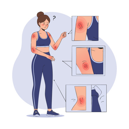 Illustration shows a woman with red skin rashes and inflamed areas on her arms examining the irritation closely in a medical context. Concerned mood.のイラスト素材