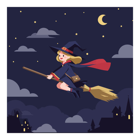 Illustration shows a witch flying on a broomstick under a crescent moon and stars in a dark night sky with clouds and silhouette houses. Magical mood.のイラスト素材