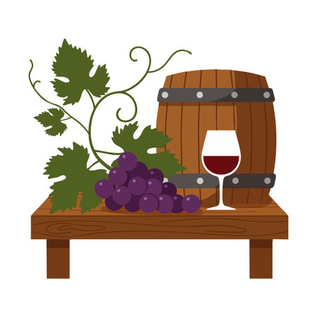 Illustration shows wine barrel, glass filled with red wine, and purple grapes on wooden table in flat style, calm scene.のイラスト素材