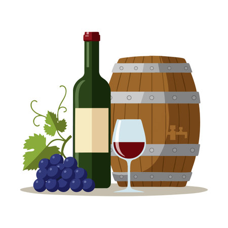 Illustration shows a green wine bottle, red wine glass, purple grapes, and brown wooden barrel with metal bands in a simple style. Relaxed mood.のイラスト素材