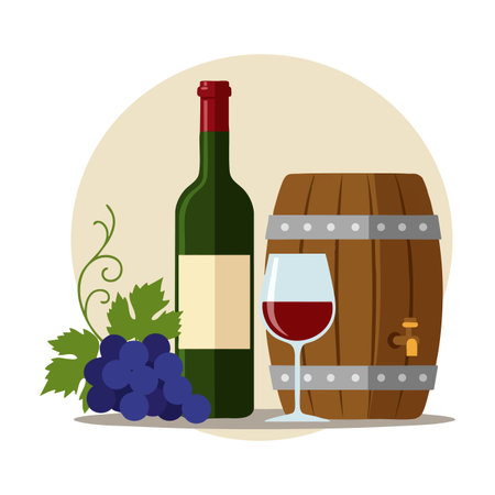 Illustration shows a red wine bottle, glass filled with red wine, bunch of grapes, and wooden barrel in warm lighting. Calm mood.のイラスト素材