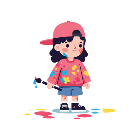 Child stands holding a paintbrush with colorful paint splashes around, wearing a red cap and casual clothes, playful and creative mood.のイラスト素材