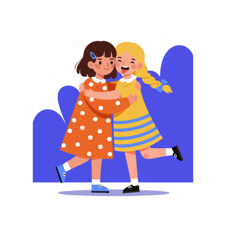 Illustration shows two girls hugging happily in colorful dresses with blue background shapes creating a cheerful and friendly mood.のイラスト素材