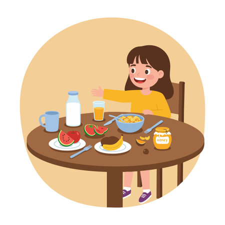 A happy girl sits at a round table having breakfast with watermelon, milk, cereal, and honey in a cozy kitchen setting, cheerful mood.のイラスト素材