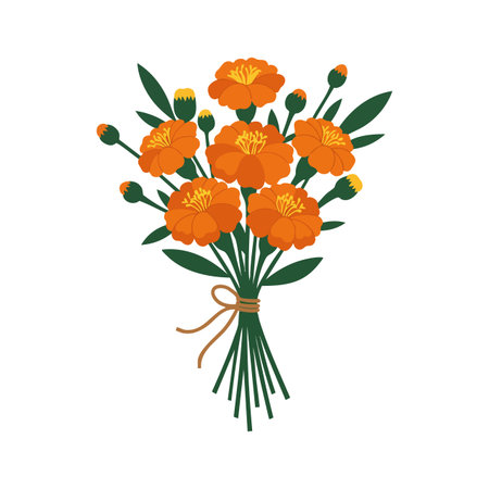 This vector shows a vibrant marigold flower bouquet with green leaves tied with a string, showing natural beauty and freshness. Cheerful mood.のイラスト素材